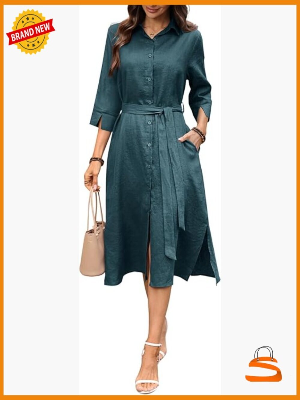 100% Linen Midi Dress Slit 3/4 Sleeve Button Down Shirt Dress Belt Pocket